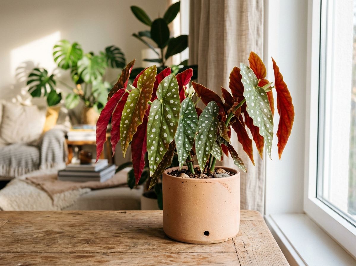 Vaso de Begônia Maculata com folhas verdes pontilhadas de prata e verso avermelhado em ambiente interno iluminado