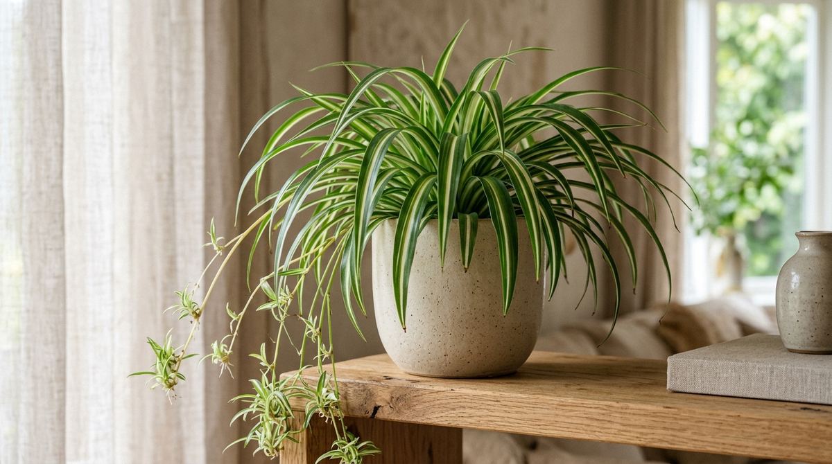 Vaso de cerâmica com planta clorofito variegada de folhas arqueadas e mudas pendentes sobre mesa de madeira em sala iluminada
