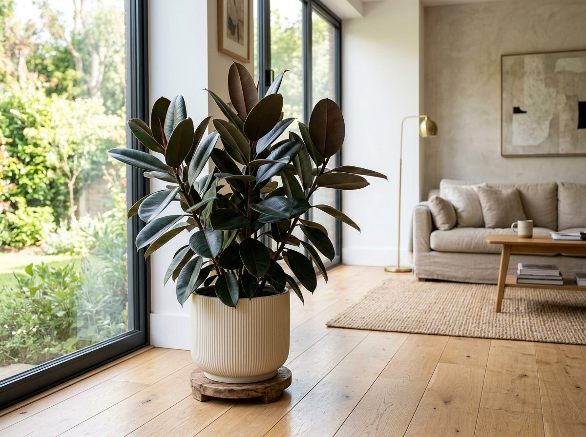 Vaso de Ficus Elastica com folhas largas verde-escuras e brilhantes em sala iluminada