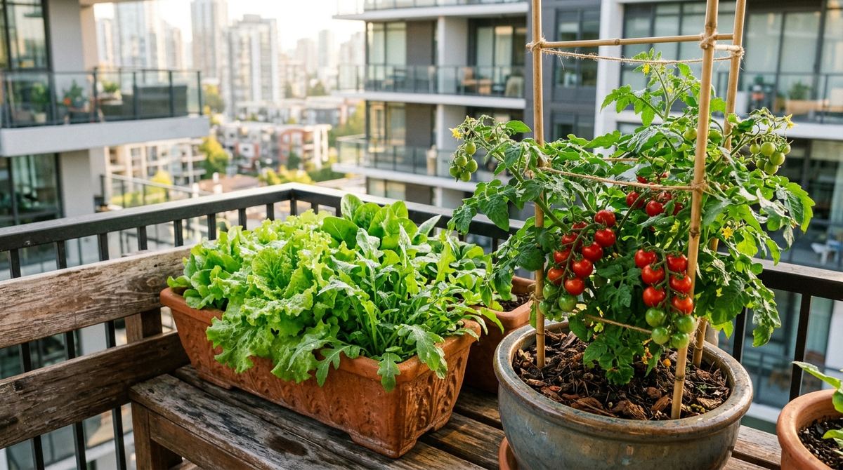 Horta urbana com vasos de alface crespa verde e tomate-cereja maduro em varanda ensolarada