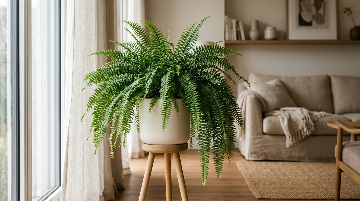 Samambaia-americana viçosa com frondes verdes densas e arqueadas em vaso de cerâmica suspenso em ambiente interno iluminado