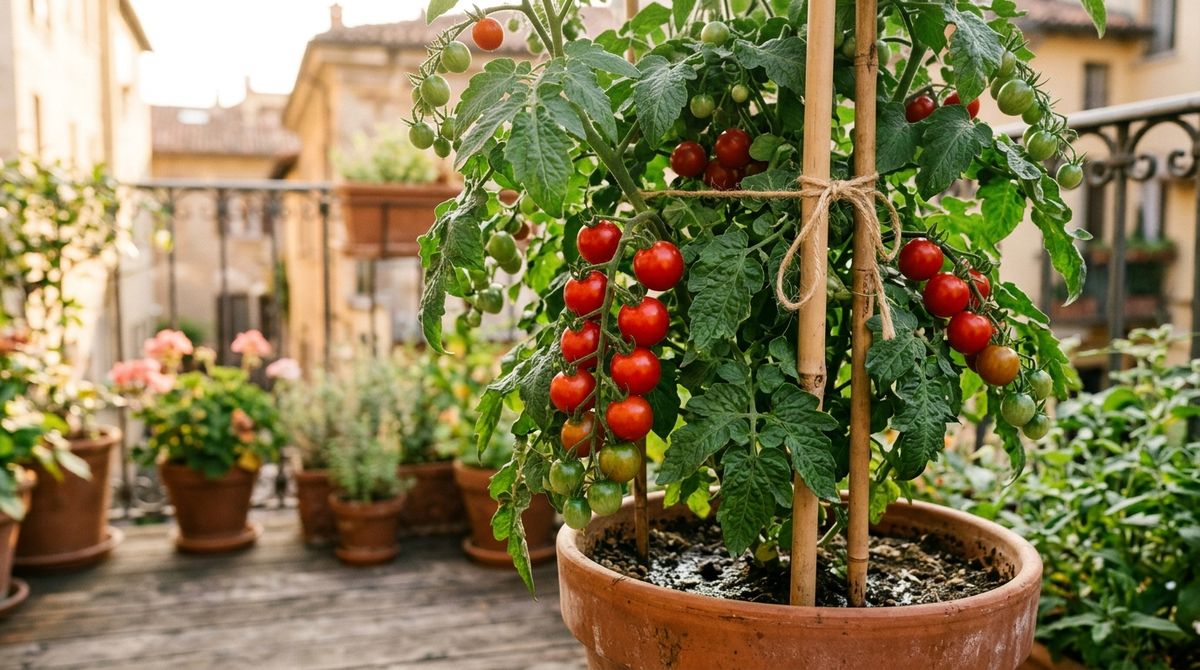Planta de tomate-cereja viçosa com cachos de frutos vermelhos maduros cultivada em vaso de terracota em varanda ensolarada